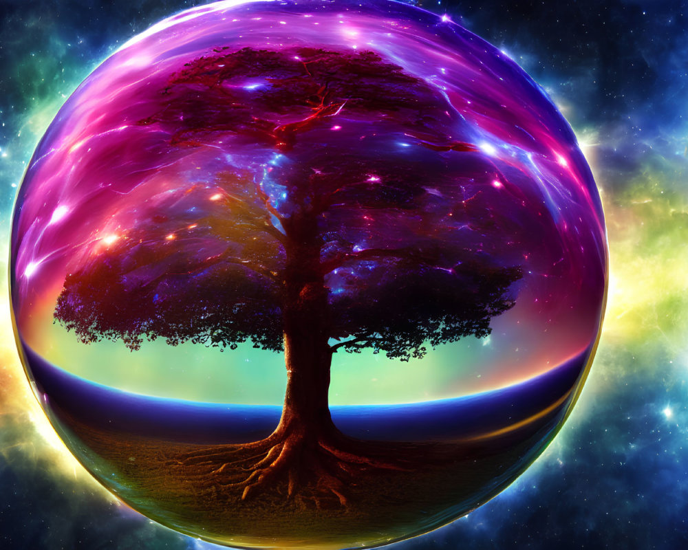 Majestic tree in purple sphere on cosmic starfield
