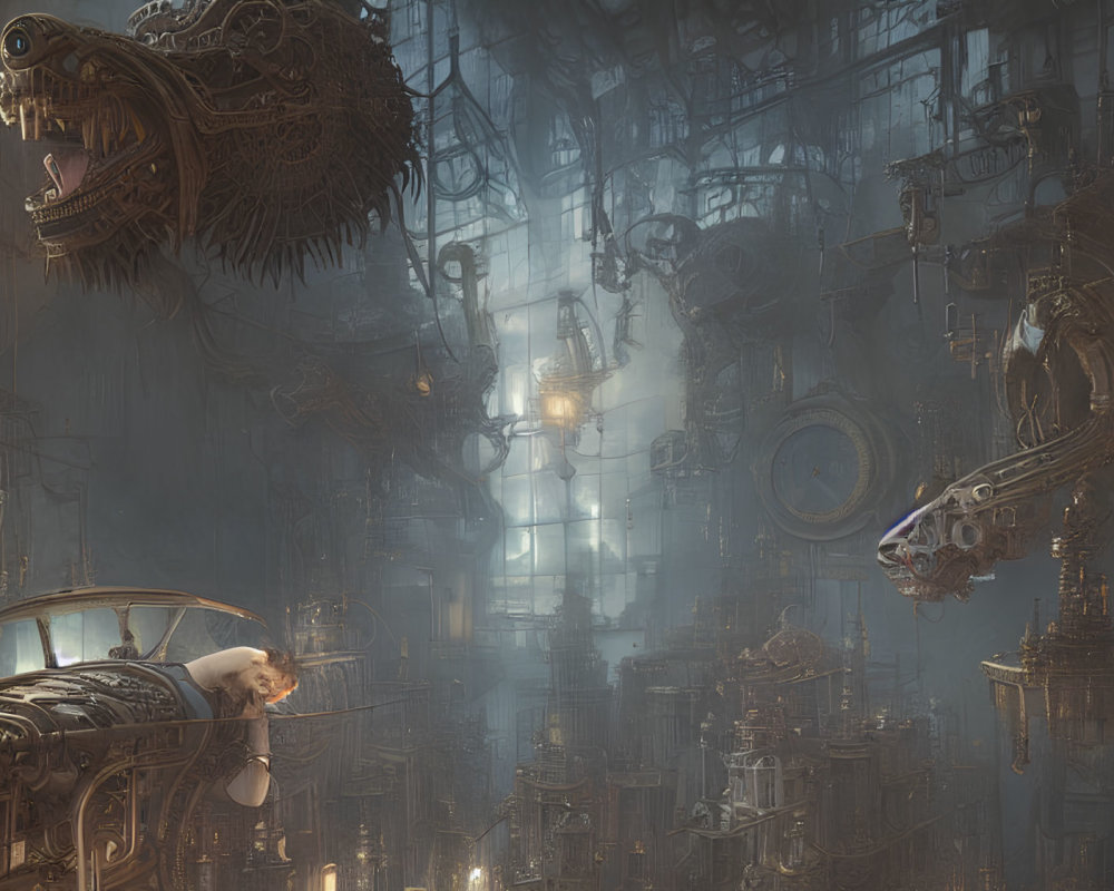 Person resting on mechanical structure in intricate steampunk environment with gears and pipes under soft light in fog