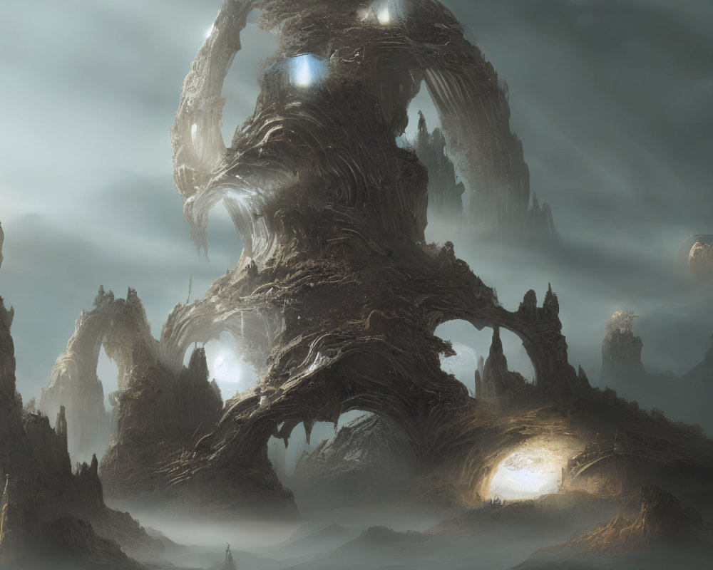 Mystical landscape with colossal twisted tree, glowing orbs, multiple moons, lone figure