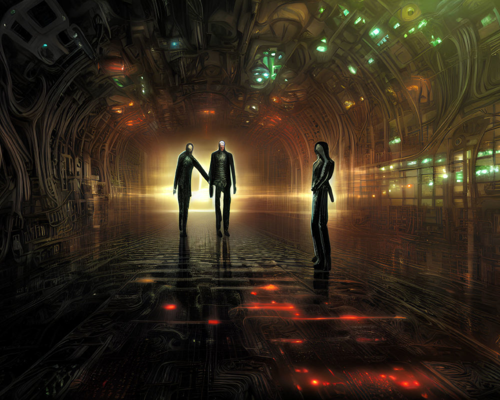 Silhouetted figures in futuristic corridor with intricate walls