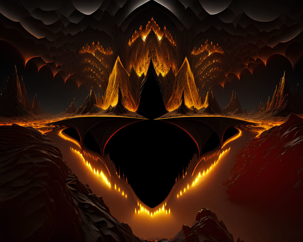 Symmetrical volcanic landscape with glowing lava and fractal patterns