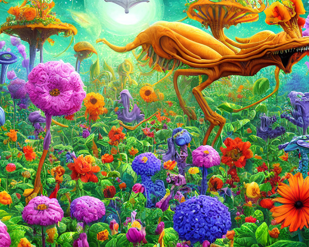 Fantasy garden with colorful flowers and mythical creatures