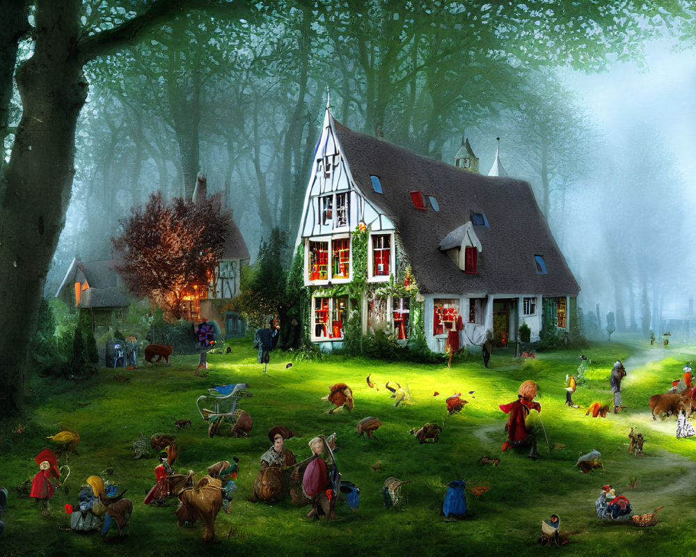 Whimsical village scene with tiny figures, animals, and lush trees