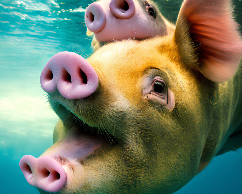 Two pigs in water, one submerged, one close-up.