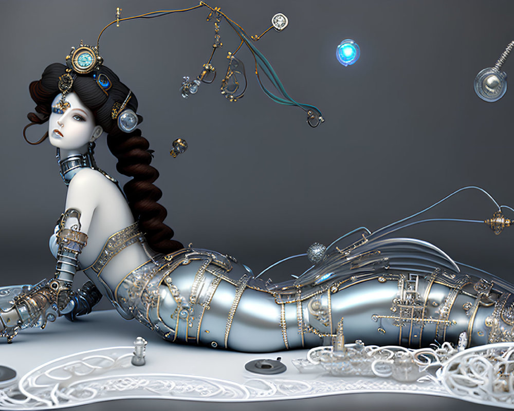 Detailed 3D steampunk female automaton with mechanical limbs and celestial orbs