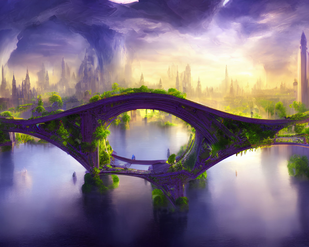 Detailed Stone Bridge Over Serene River in Fantasy Landscape