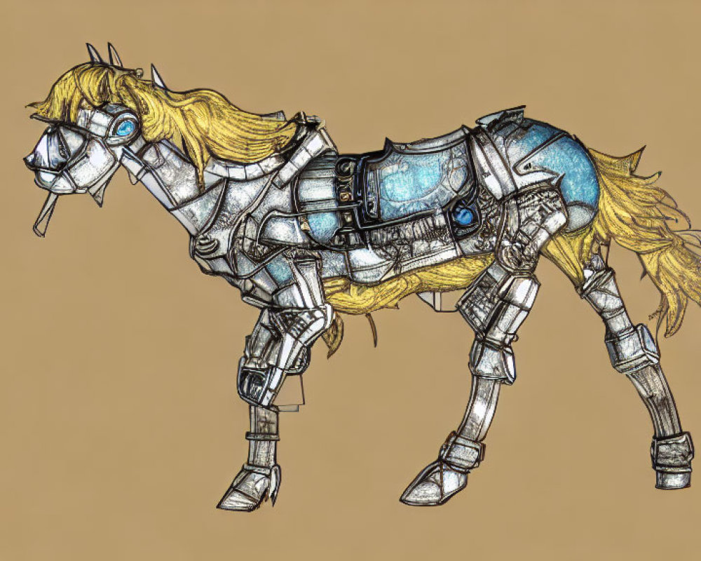 Detailed Illustration of Mechanical Horse with Metallic Structure and Blue Energy Cores