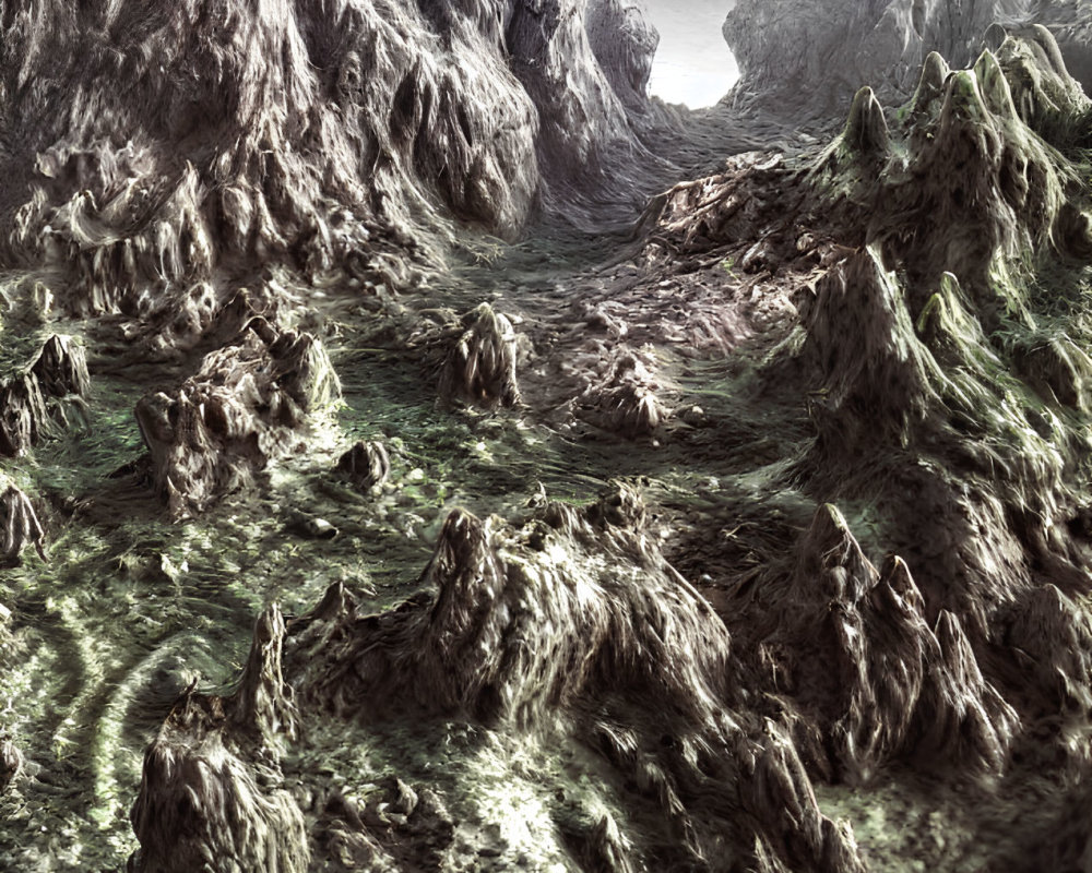 Alien landscape with mossy rock formations and archways