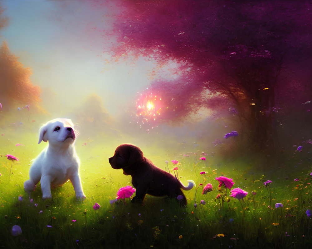 Two puppies in vibrant meadow with colorful trees.