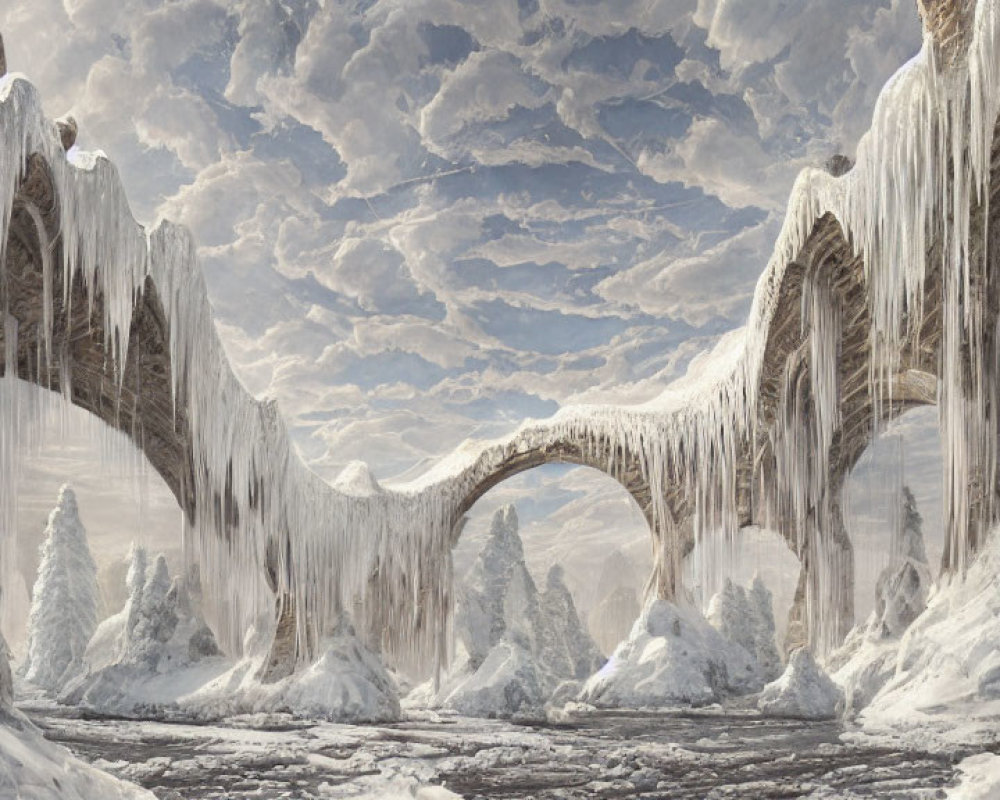 Winter landscape with stone bridge, icicles, snow-covered trees, and cloudy sky