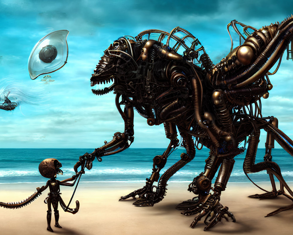 Spherical-headed humanoid robot encounters giant alien on sandy beach