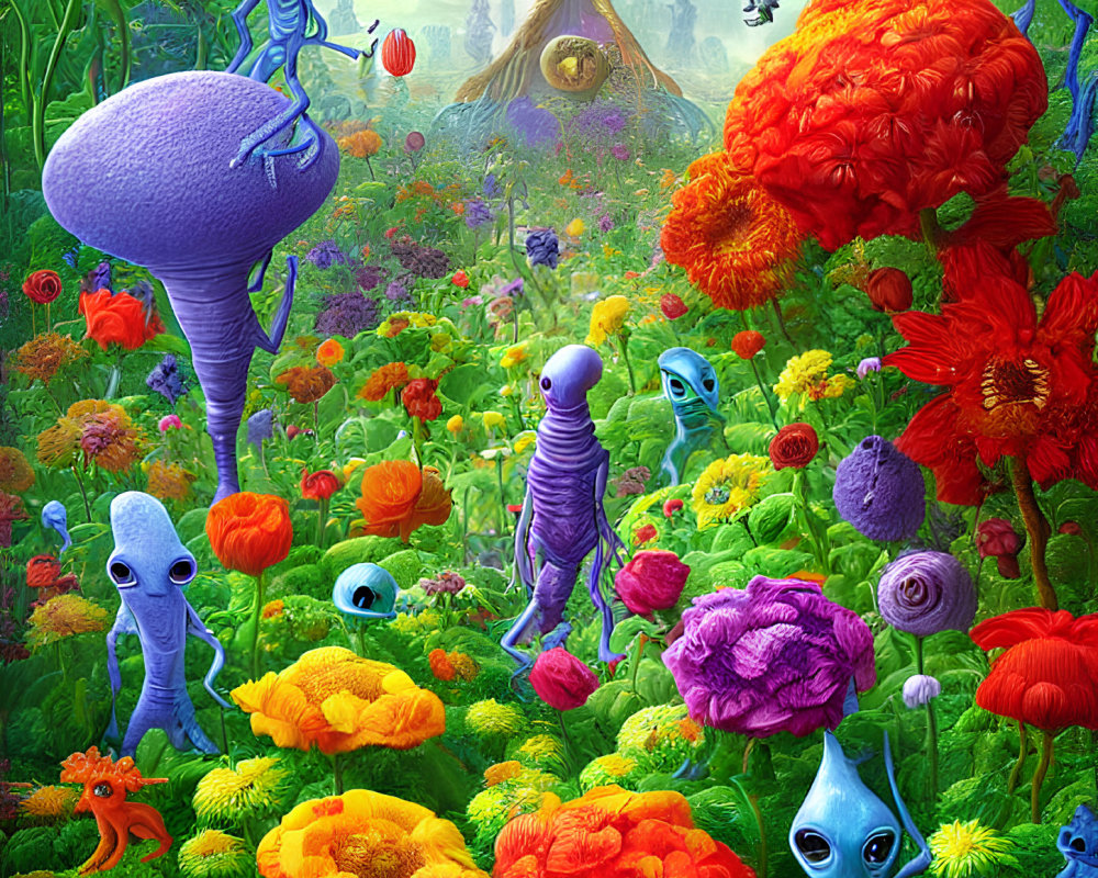 Colorful Alien Landscape with Whimsical Flora and Extraterrestrial Creatures