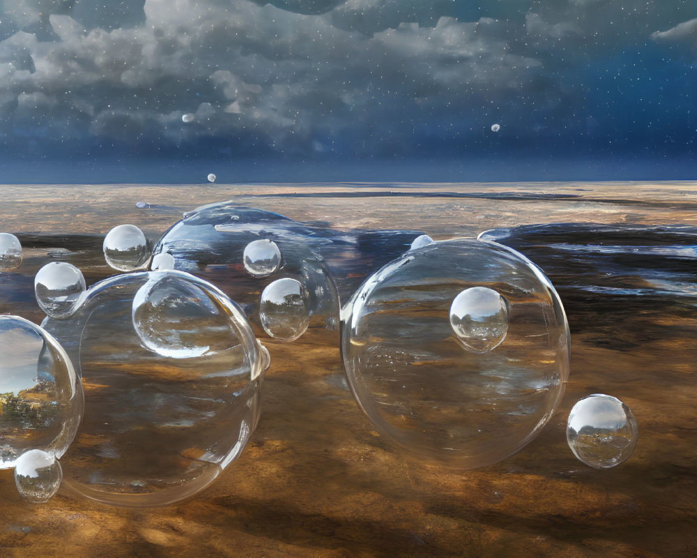 Transparent bubbles on desert terrain under vast sky with cloud patterns and visible stars