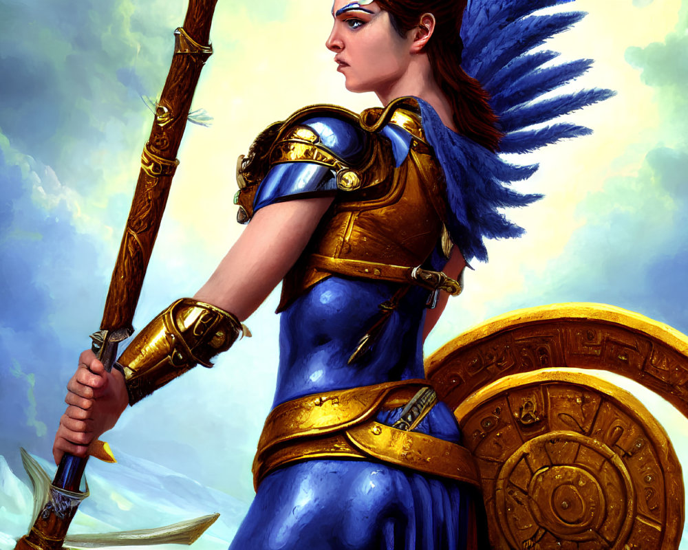 Female warrior in blue and gold armor with wings, holding spear and shield under dramatic sky