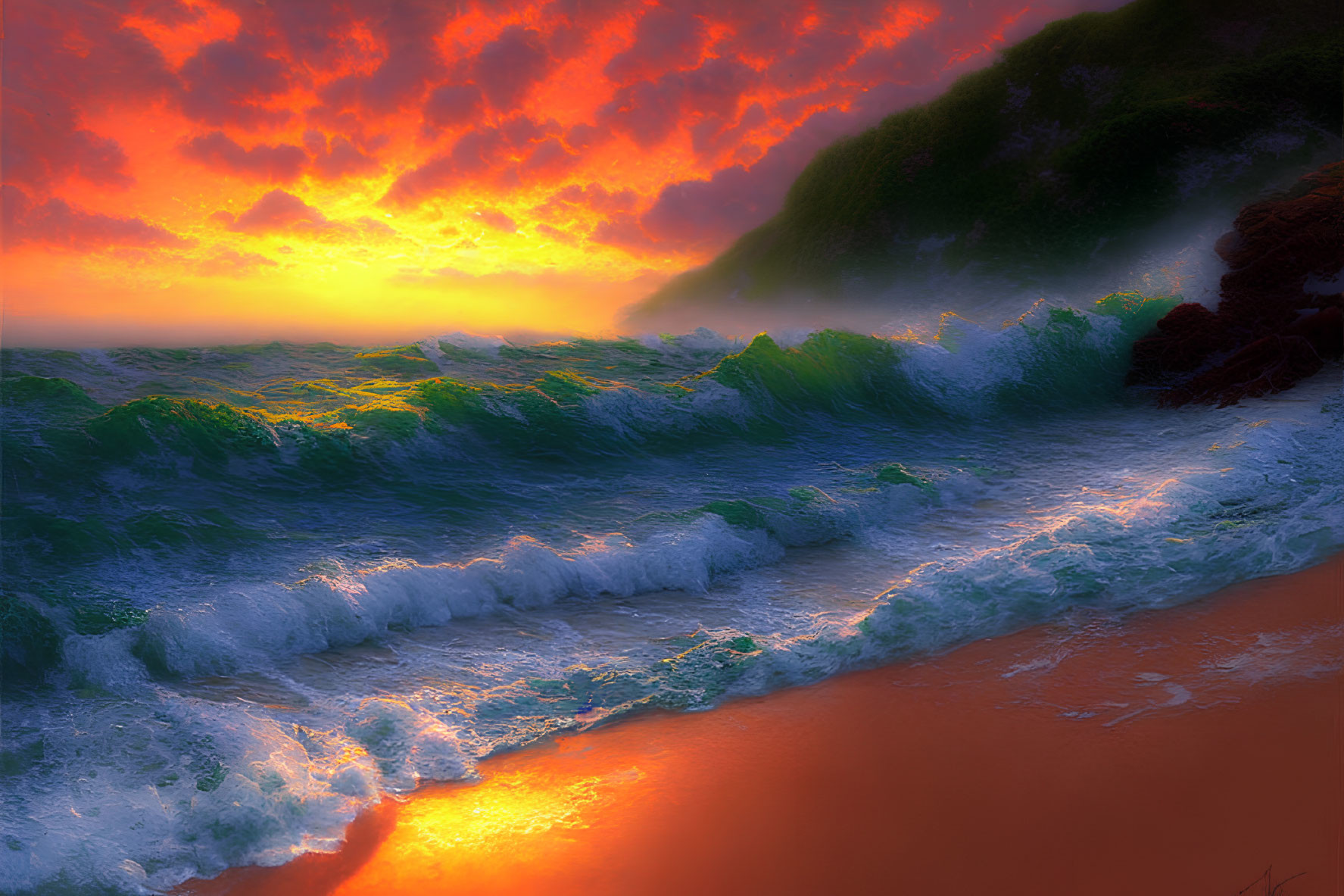 Fiery sunset over green waves on sandy beach