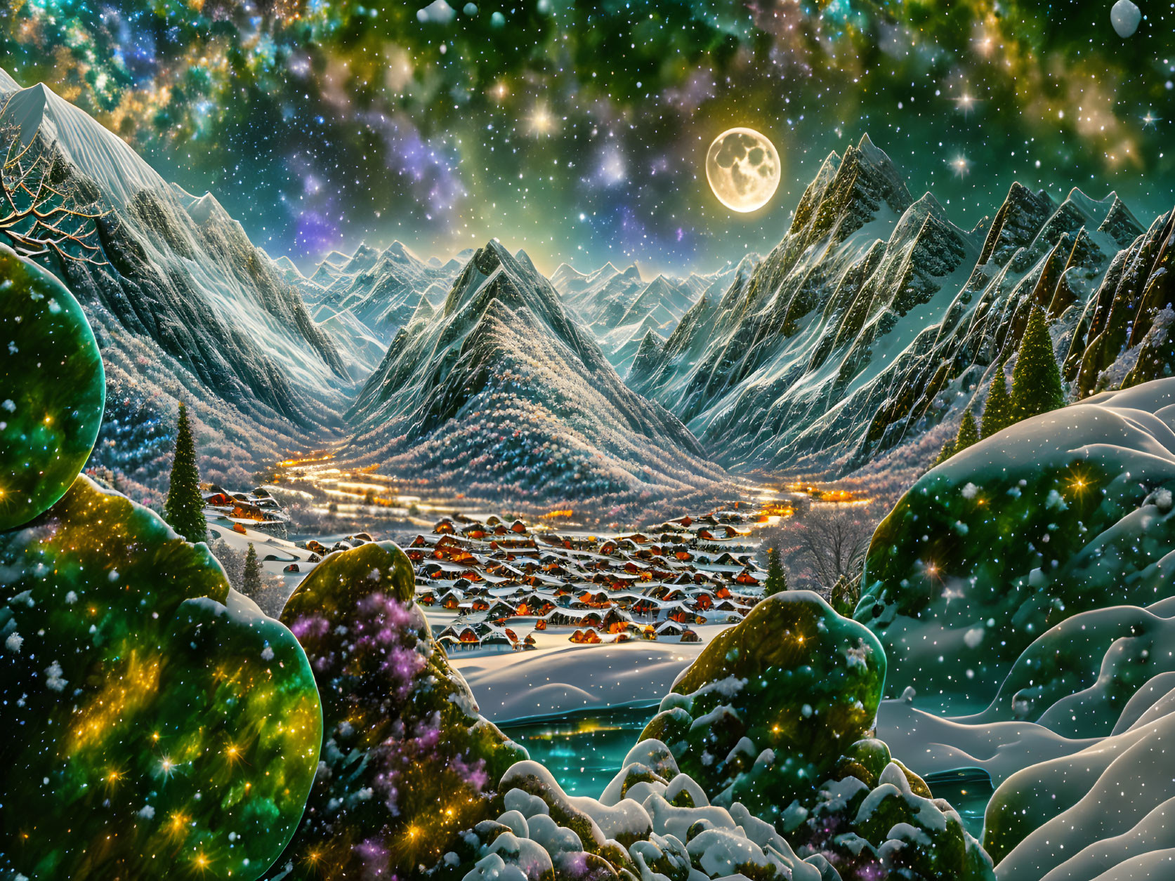 Fantasy landscape: snowy mountain village under starry sky