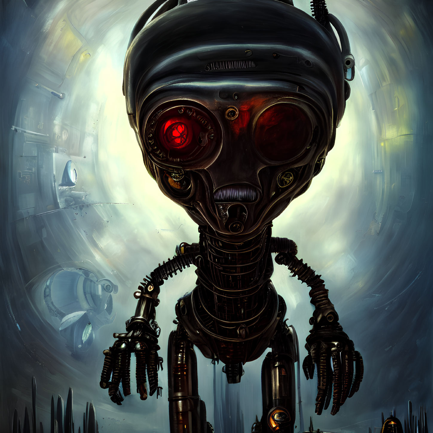 Detailed Illustration of Robot with Red Glowing Eyes on Swirling Blue Futuristic Background
