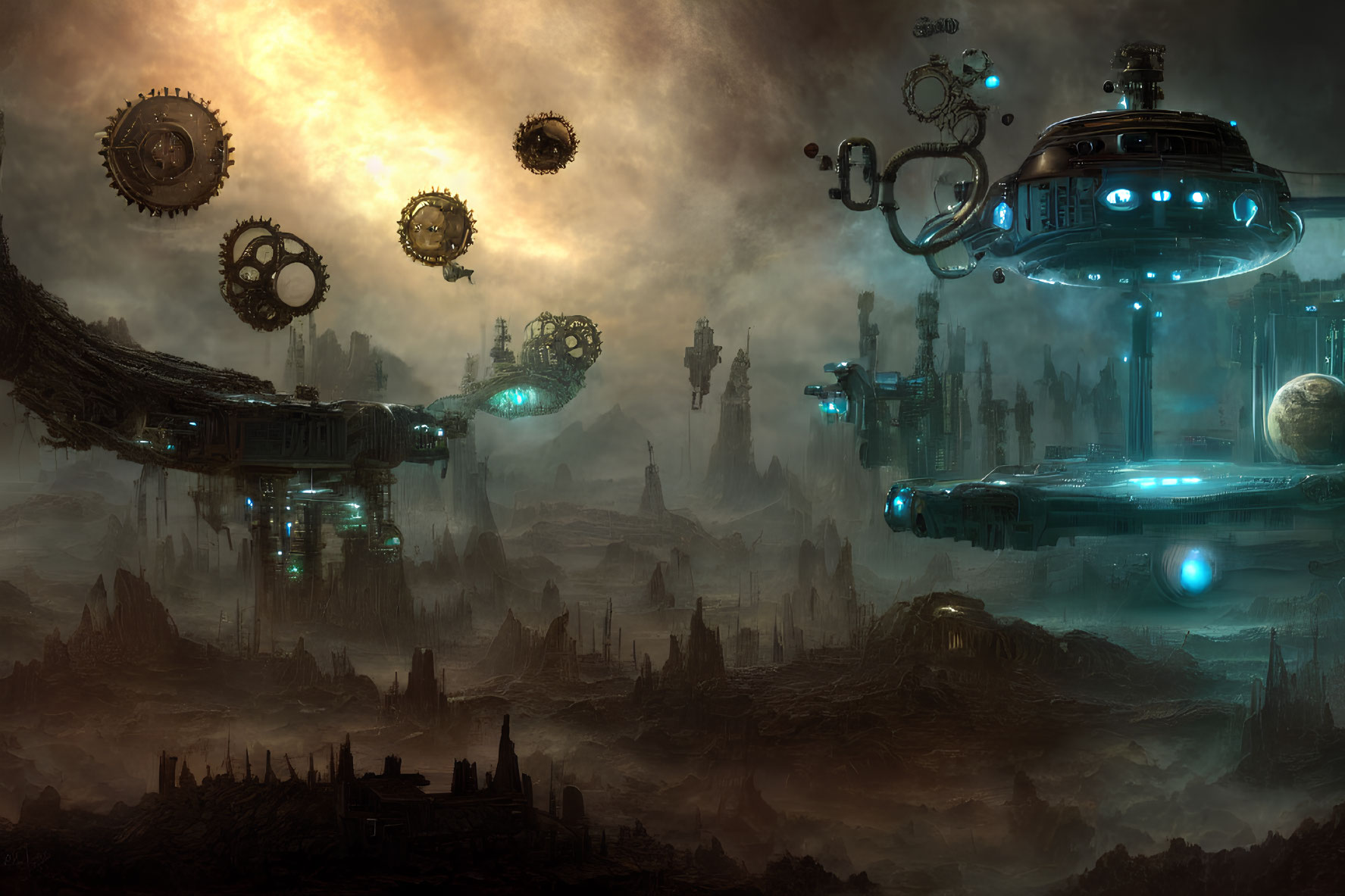 Dystopian steampunk landscape with floating gears and airships