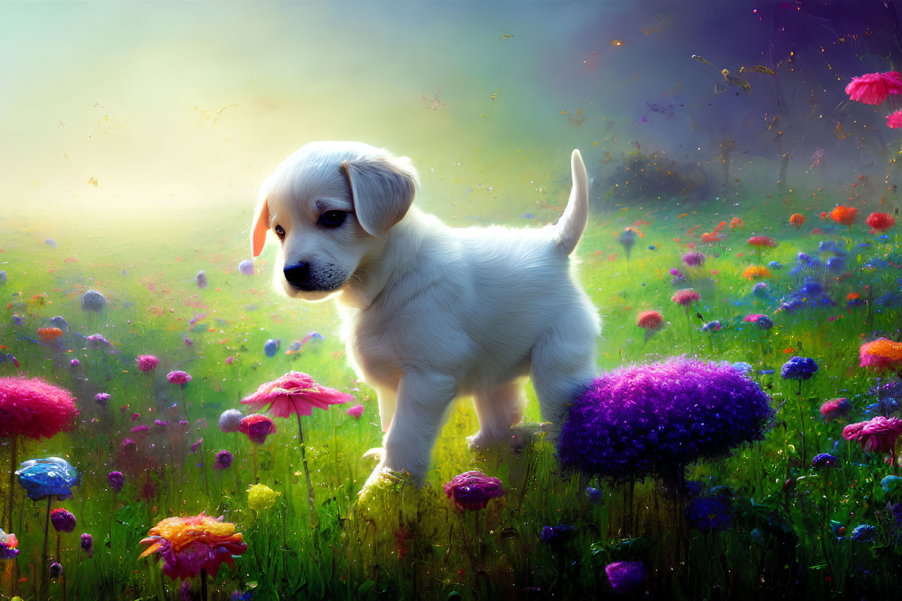 Playful puppy in vibrant meadow with colorful flowers and dreamy sky