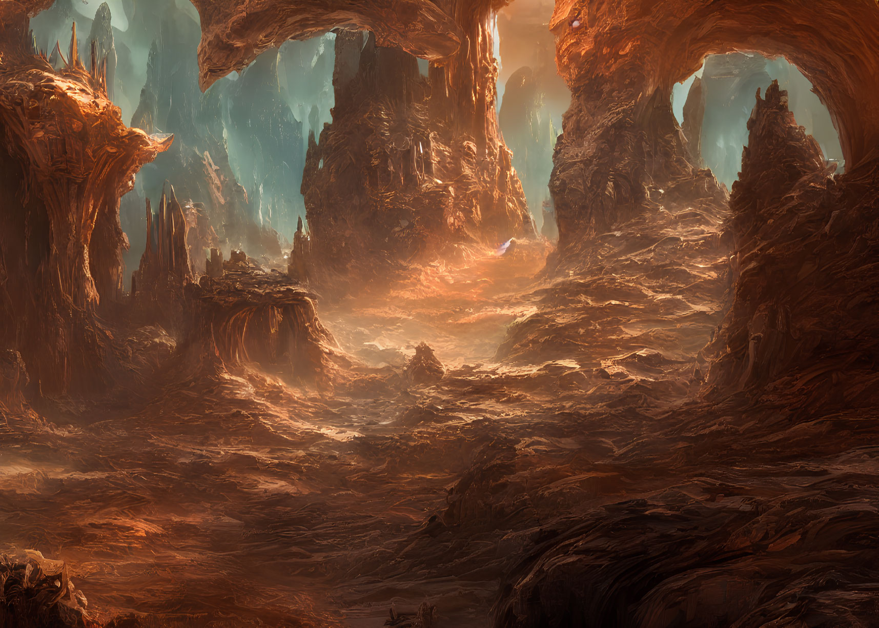 Majestic rock formations in glowing mist on alien terrain