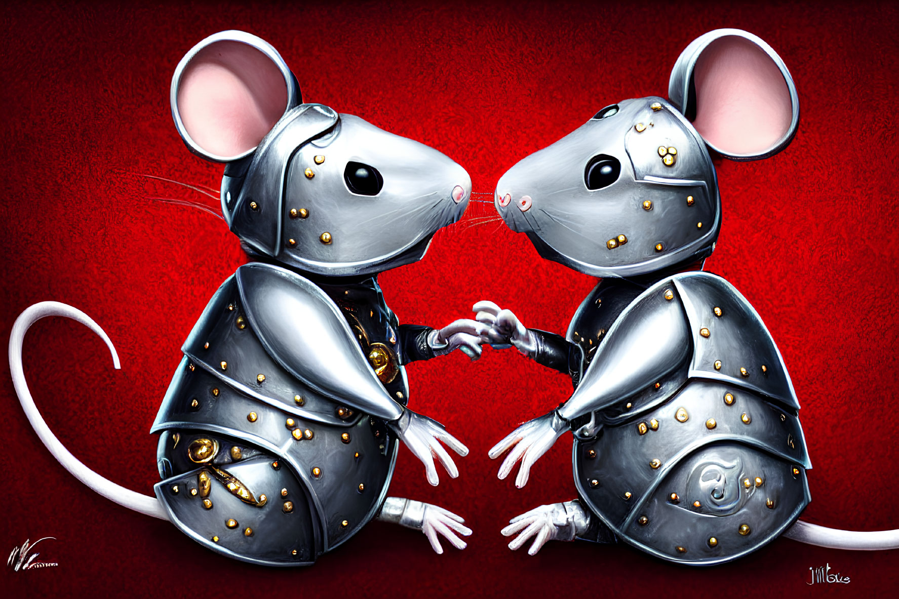 Medieval armor-clad mice touching hands on red background