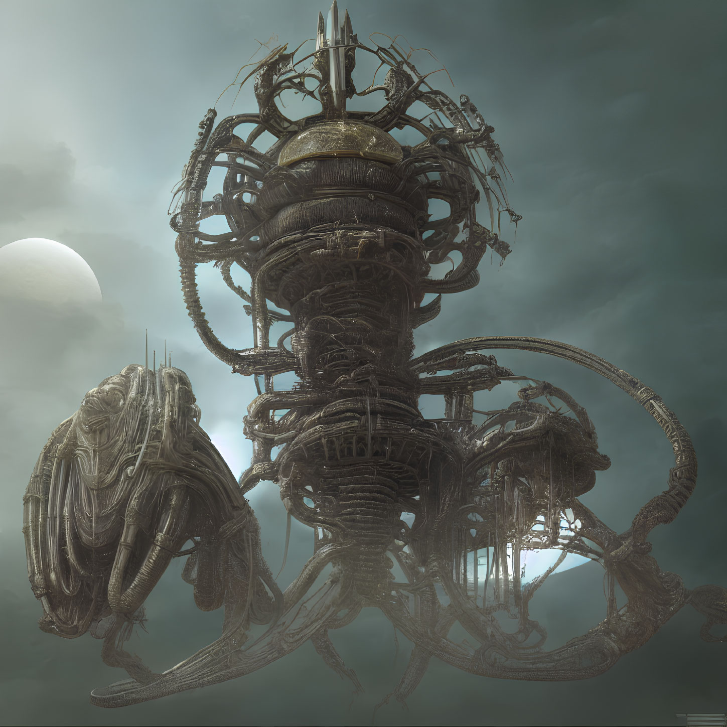 Dark mechanical alien tower with tangled wires and pipes under a pale sun