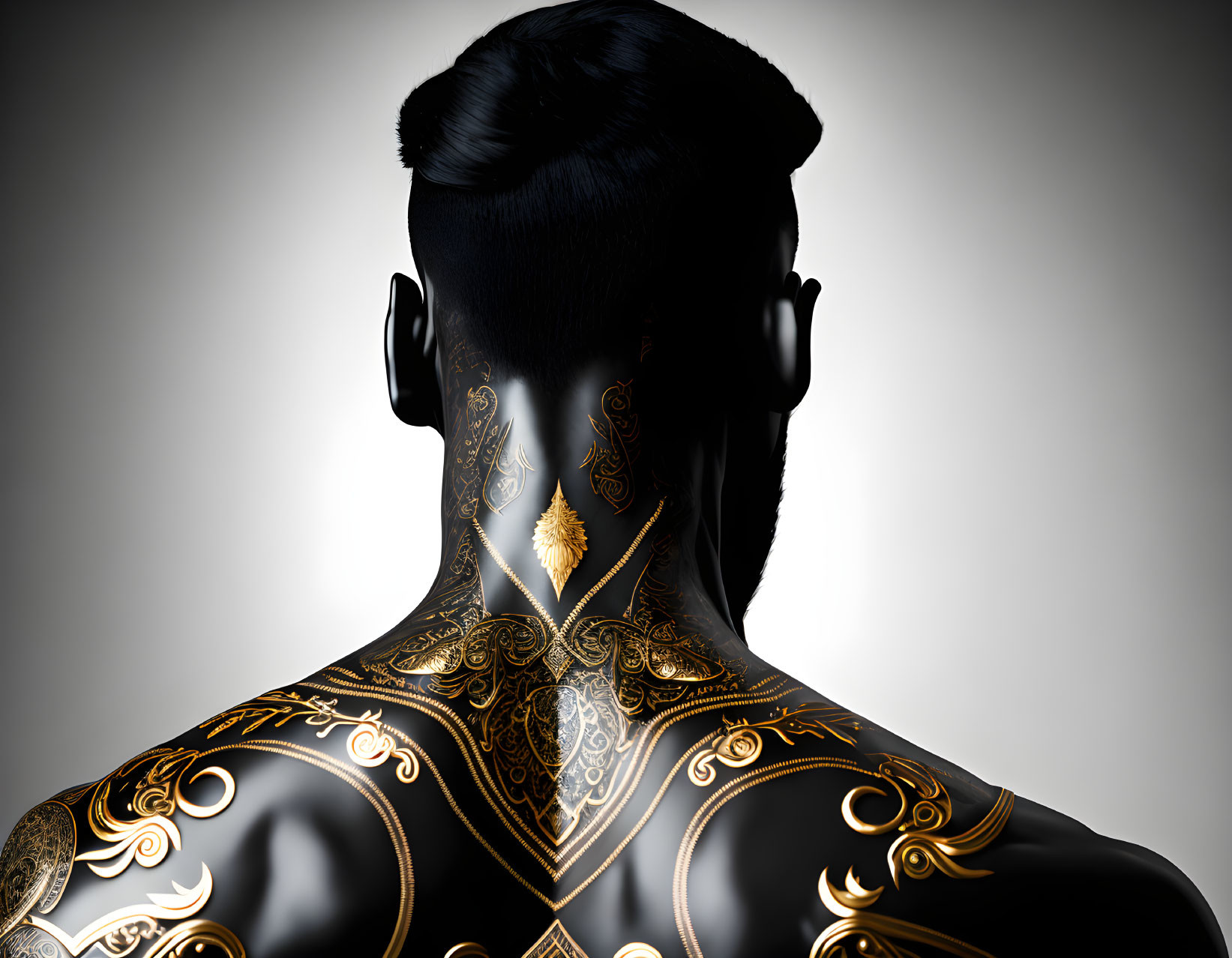 Intricate Golden Tattoo on Back and Neck with Bun Hairstyle