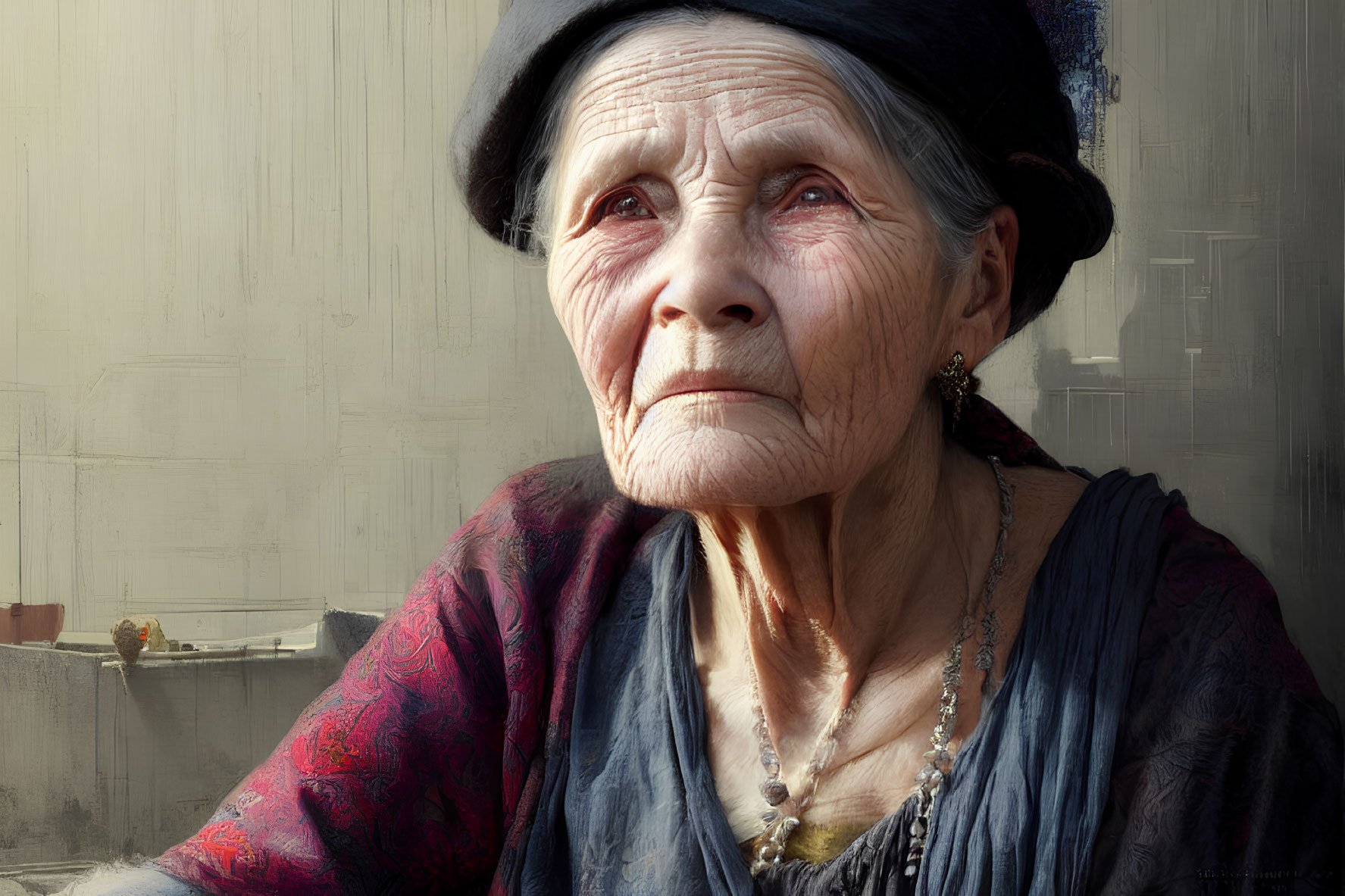 Elderly woman in black hat and colorful blouse gazing upwards.