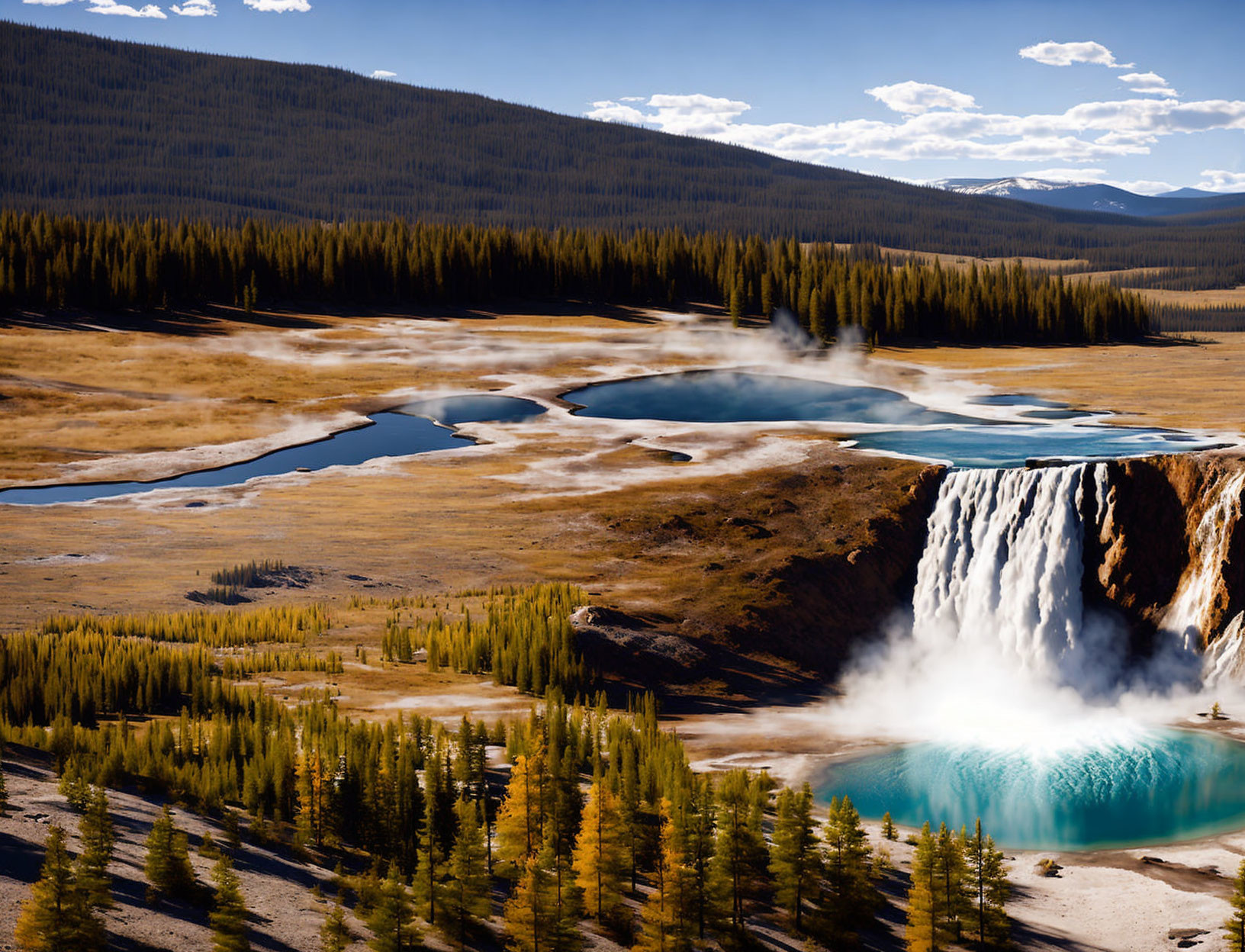 Vibrant landscape: waterfall, steam, turquoise pool, autumn trees