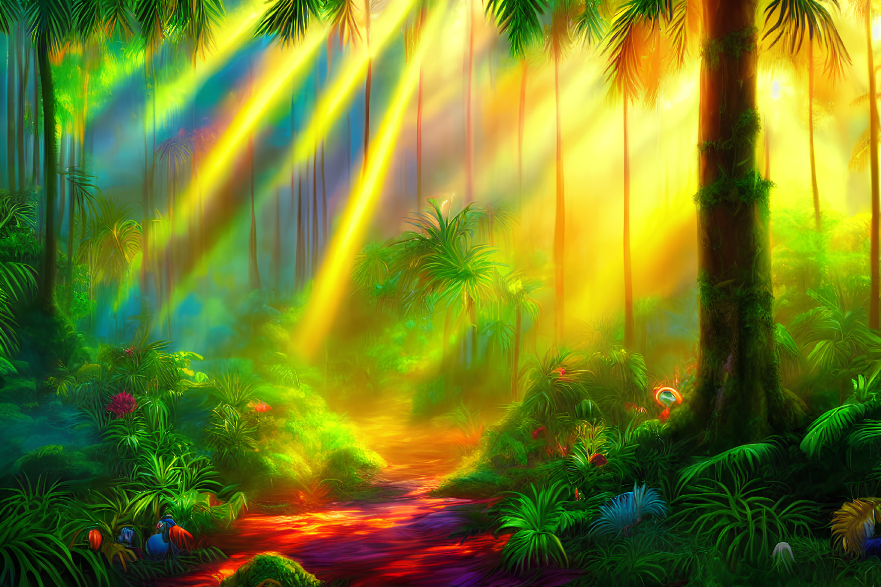Lush Jungle Scene with Sunlight Peeking Through Foliage