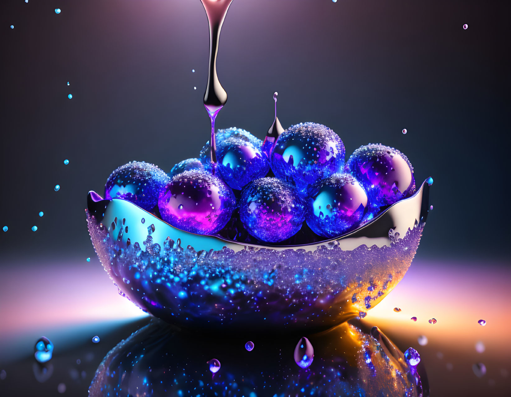 Chrome bowl with purple spheres and viscous liquid pouring over them
