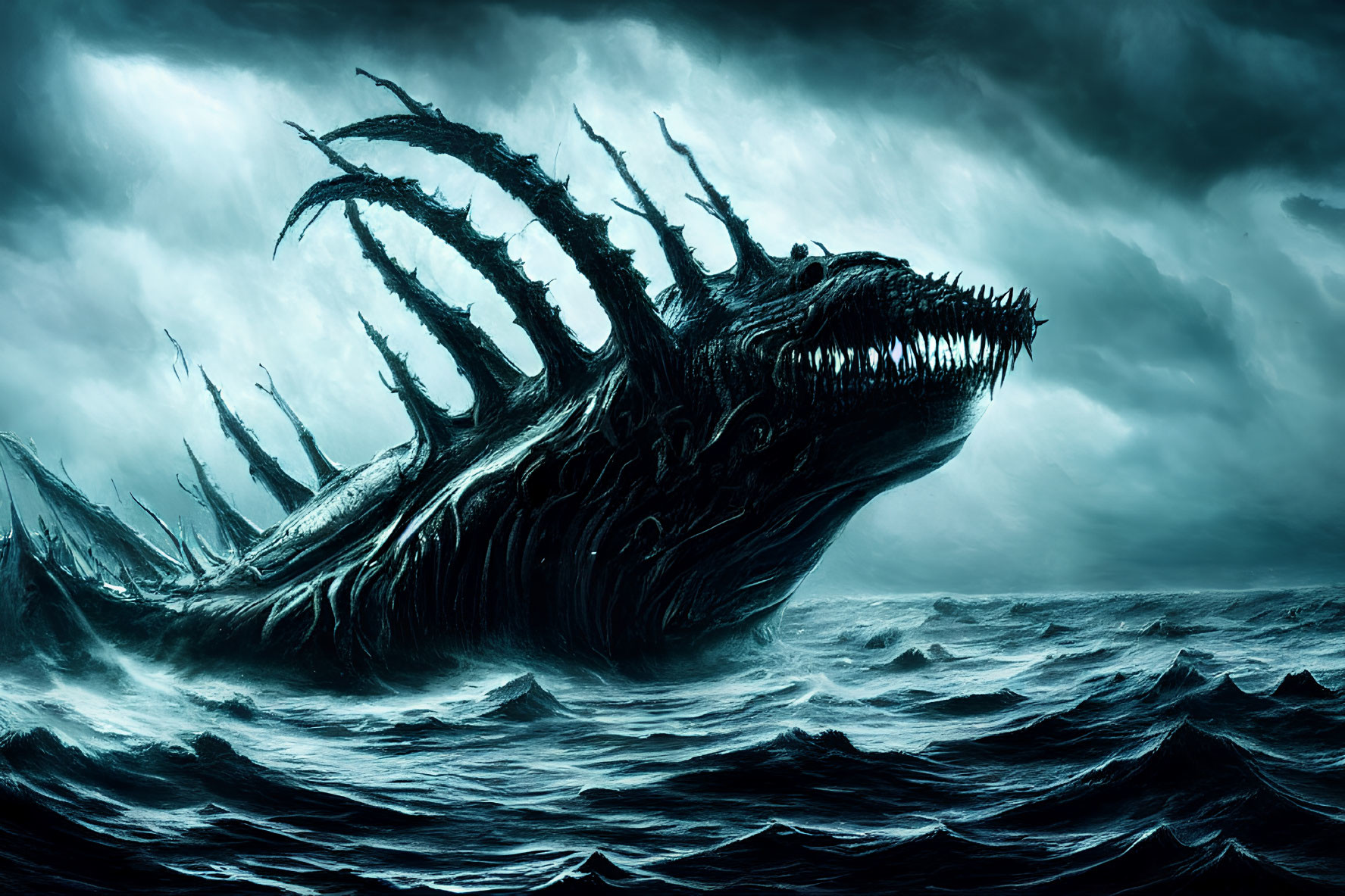 Monstrous sea creature with spikes and teeth in stormy ocean waves