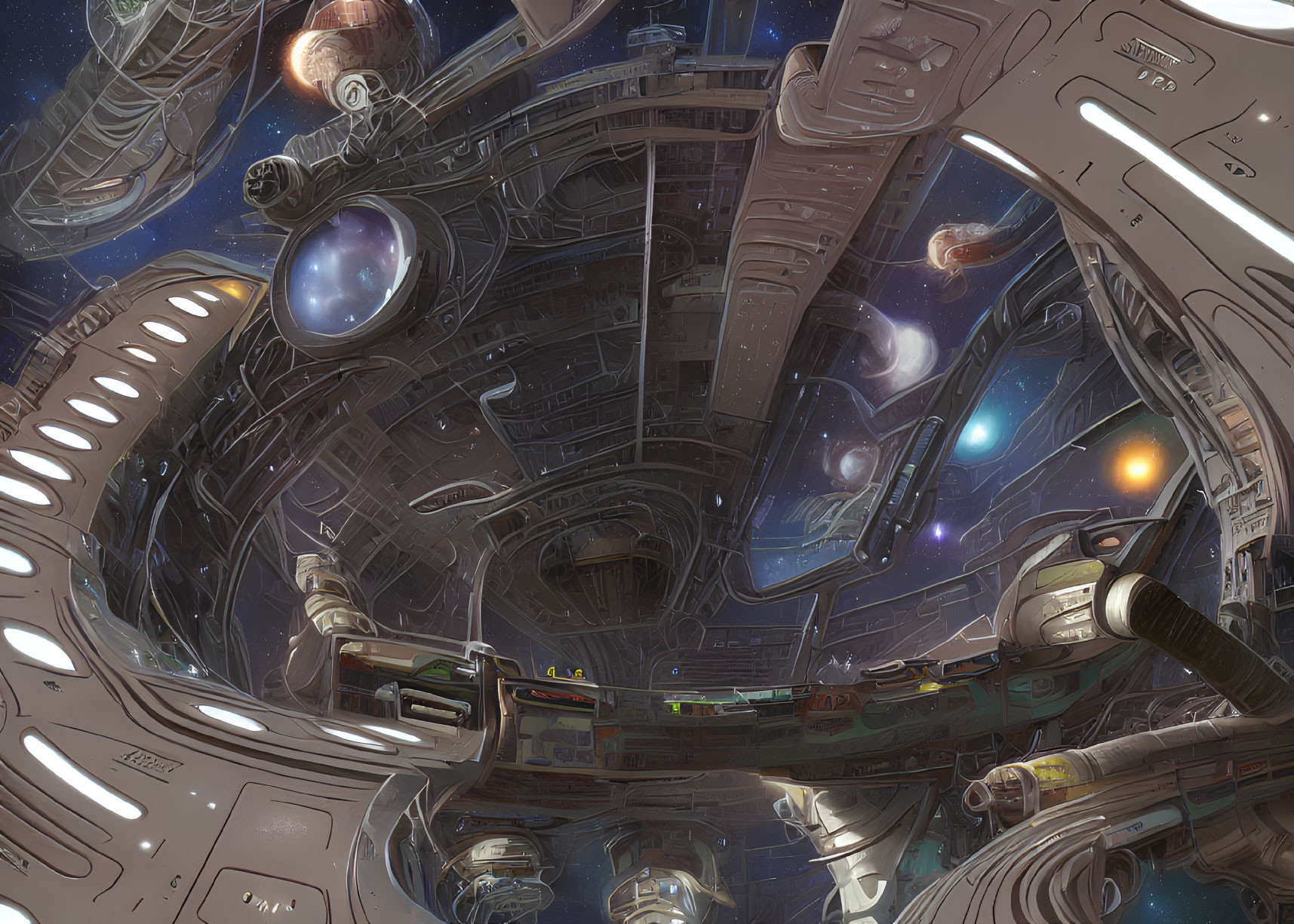 Detailed Sci-Fi Space Station Interior with Futuristic Spacecraft in Vast Universe