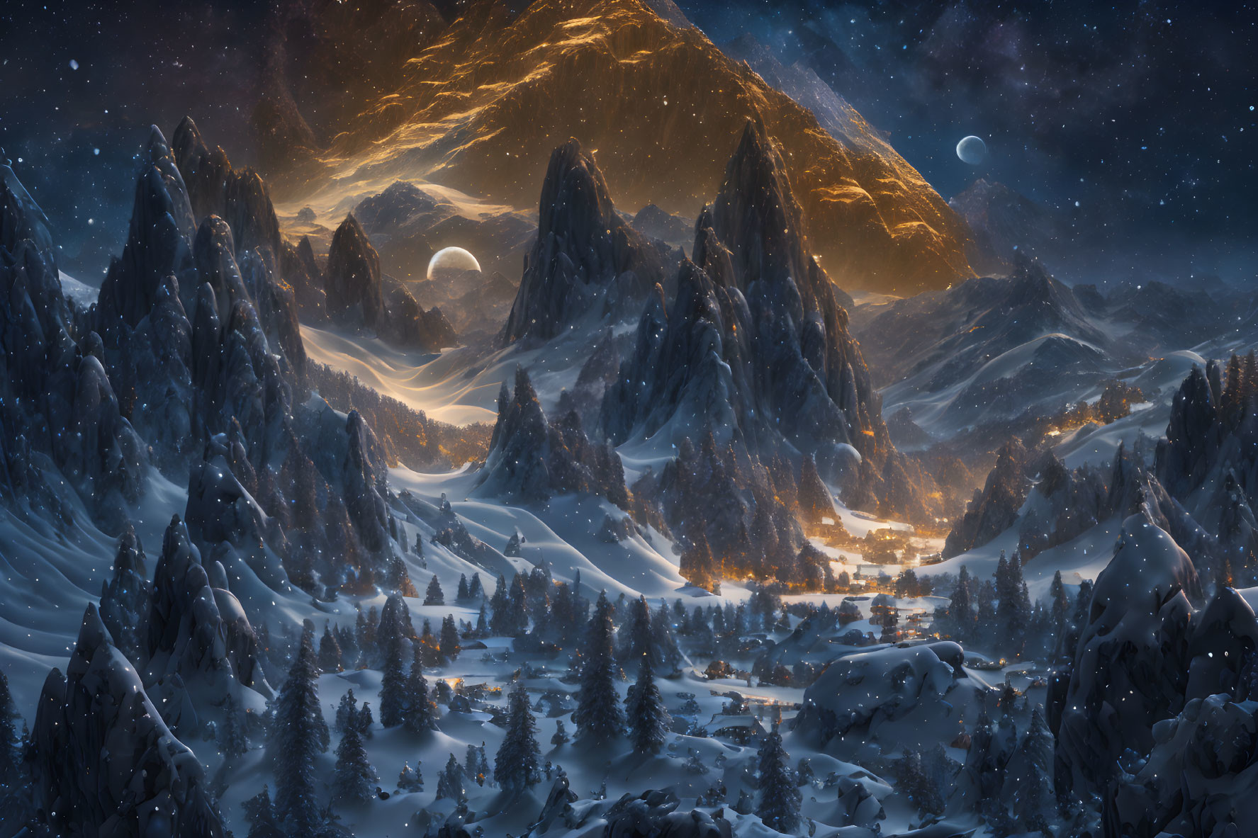 Snowy Mountain Night Landscape with Glowing Celestial Body and Tranquil Village