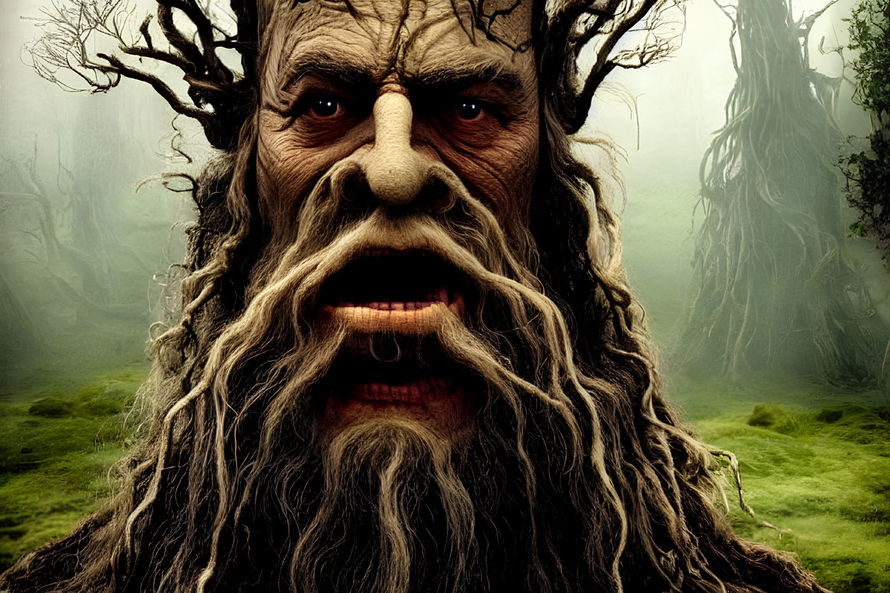 Tree-like creature with human face, intricate bark texture, and dense foliage in misty forest