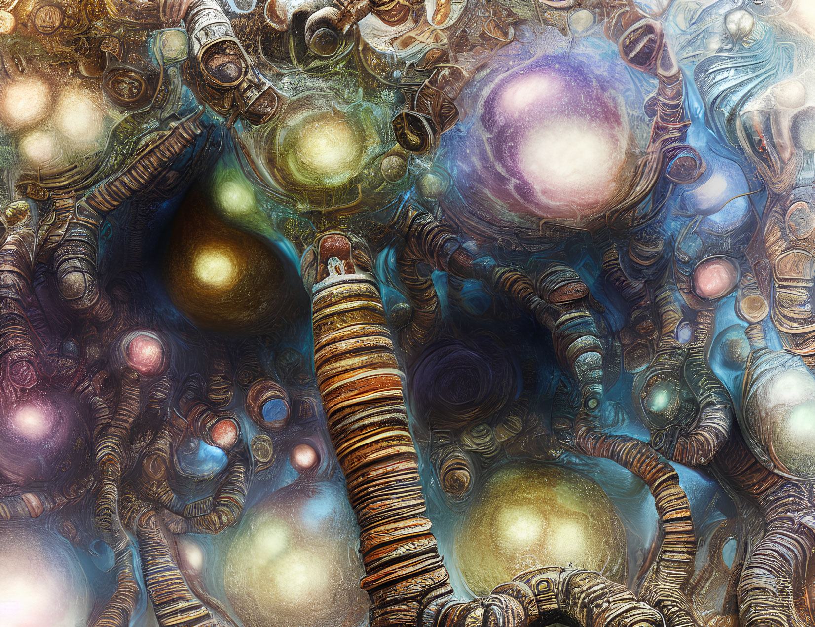 Detailed Fractal Image: Cosmic Metallic Structures and Spheres in Various Colors