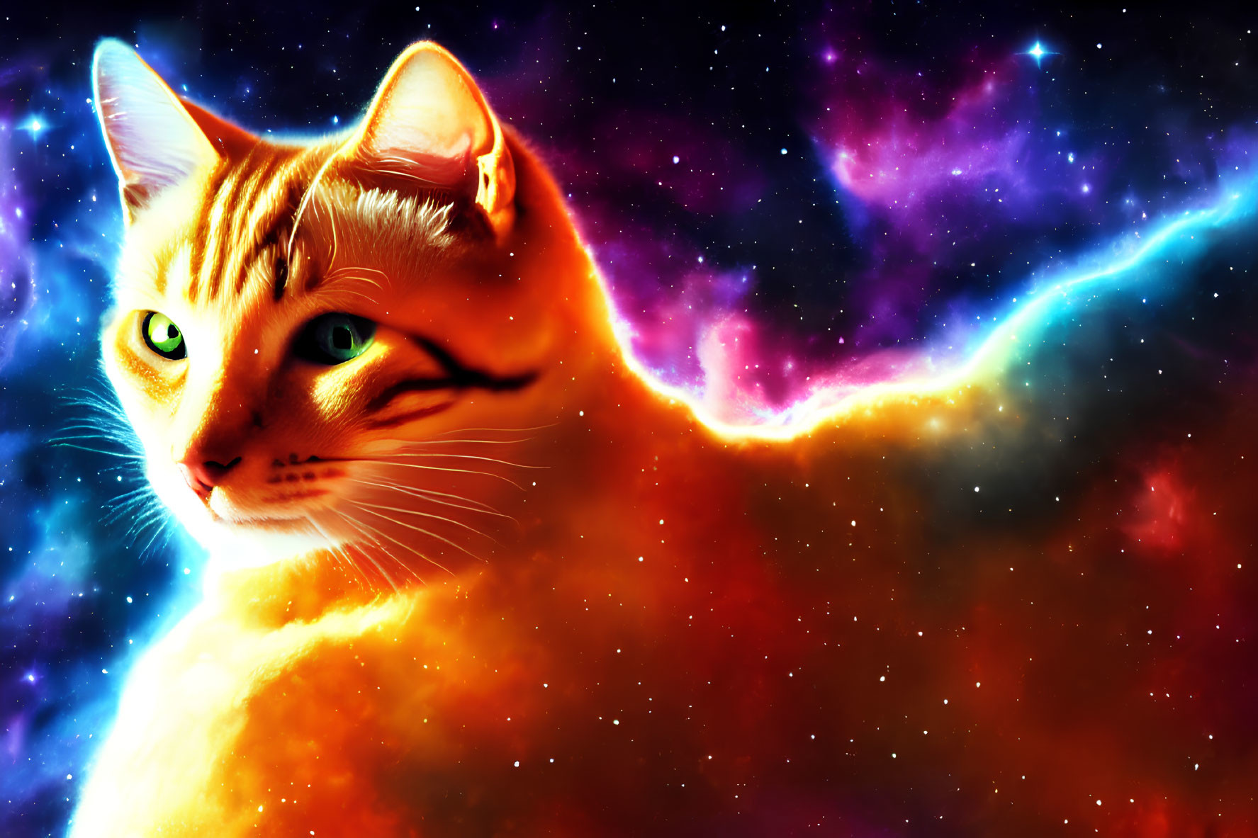 Majestic cat with galaxy-themed fur in cosmic setting