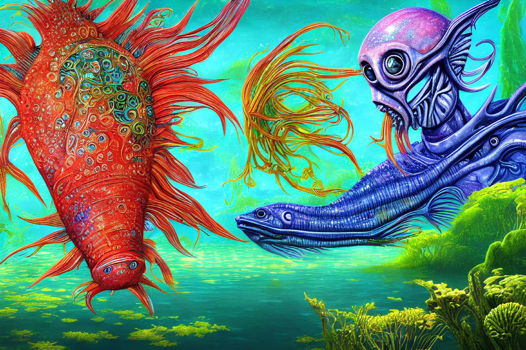 Colorful fish and squid-like creature in vibrant underwater scene