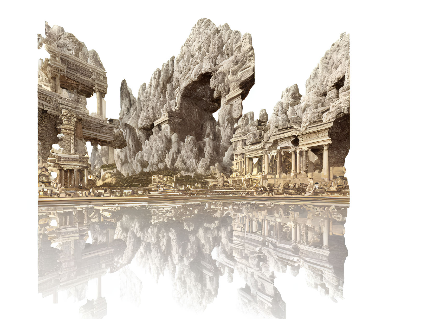 Ancient ruins with classical columns and rocky cliffs reflected in water