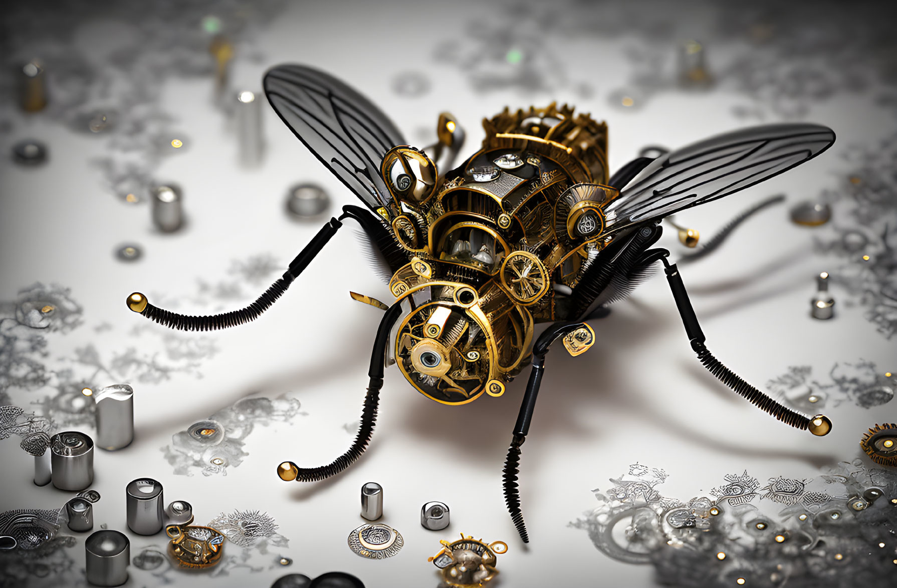 Steampunk-style mechanical bee with gears and watch parts on light background