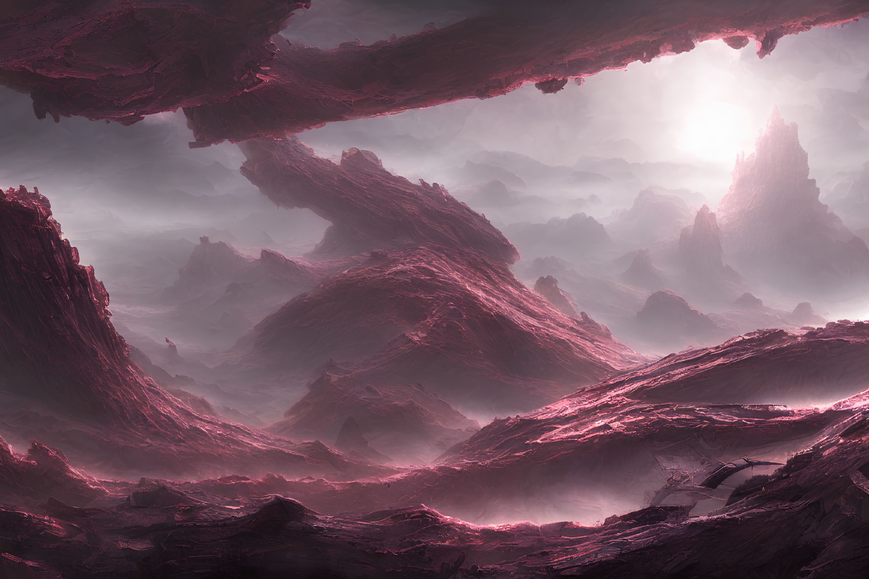 Alien landscape with crimson mountains and white sun