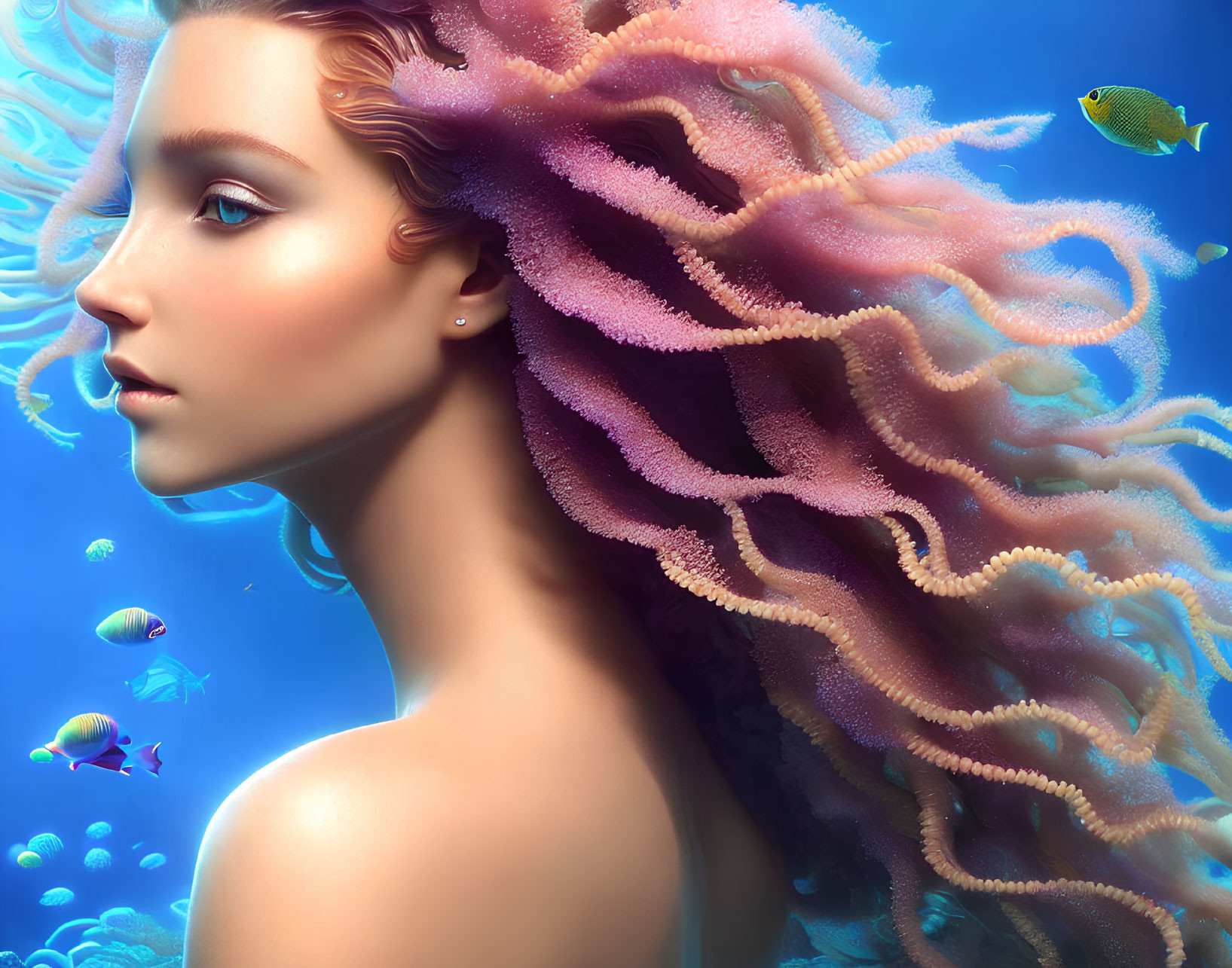 Vibrant surreal portrait: woman with pink jellyfish-like hair underwater