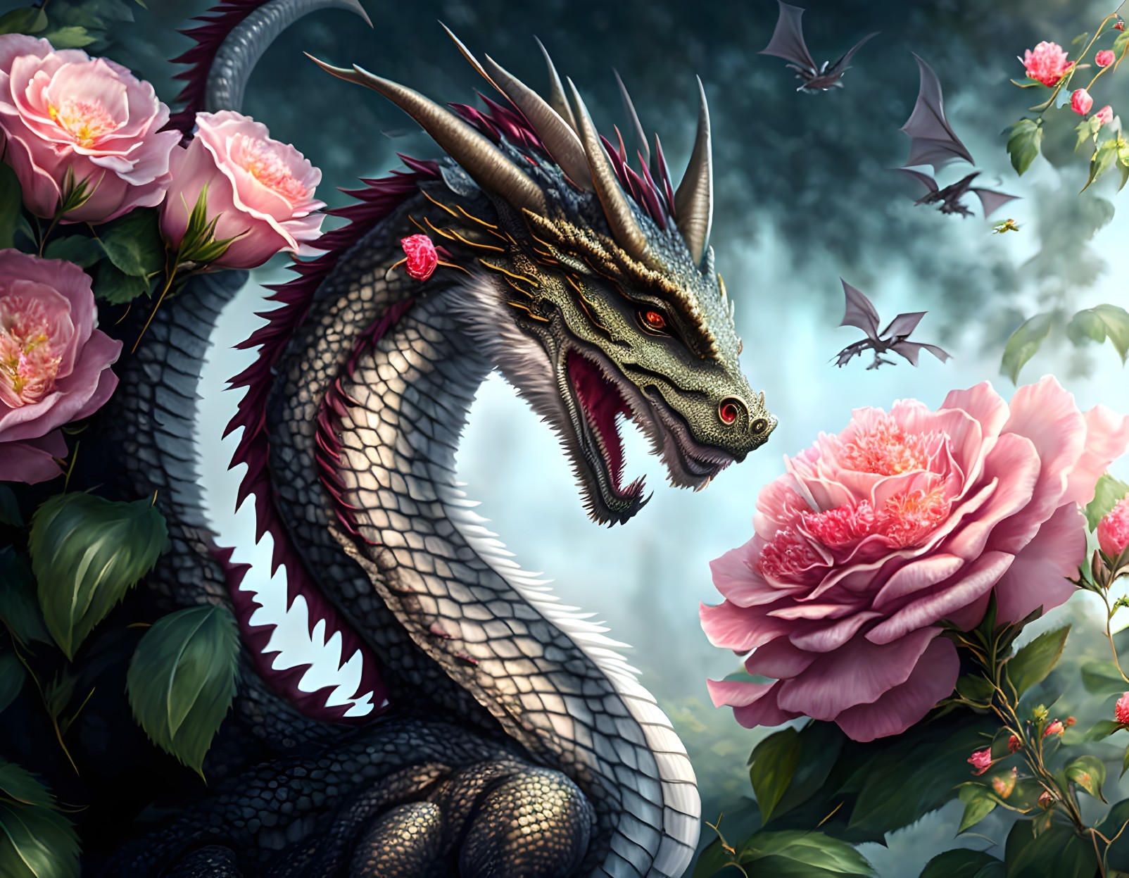 Detailed illustration of majestic dragon with sharp horns in pink rose field, misty forest backdrop, bats flying