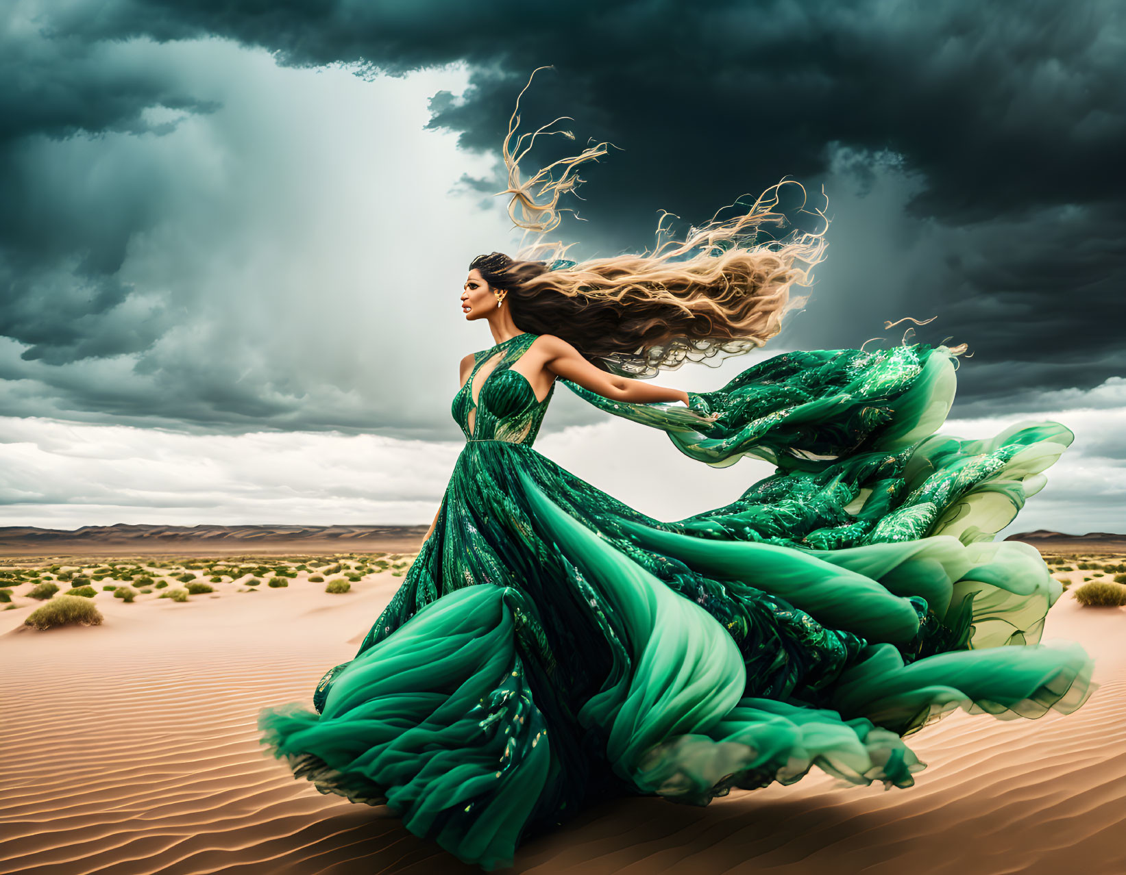 Woman in flowing green dress in desert with dark clouds, creating dramatic scene