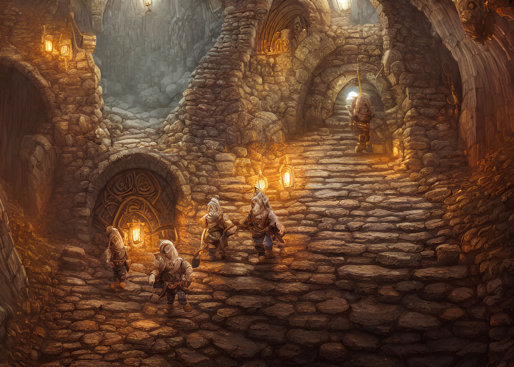 Ancient Underground Halls with Dwarven Warriors and Stone Arches