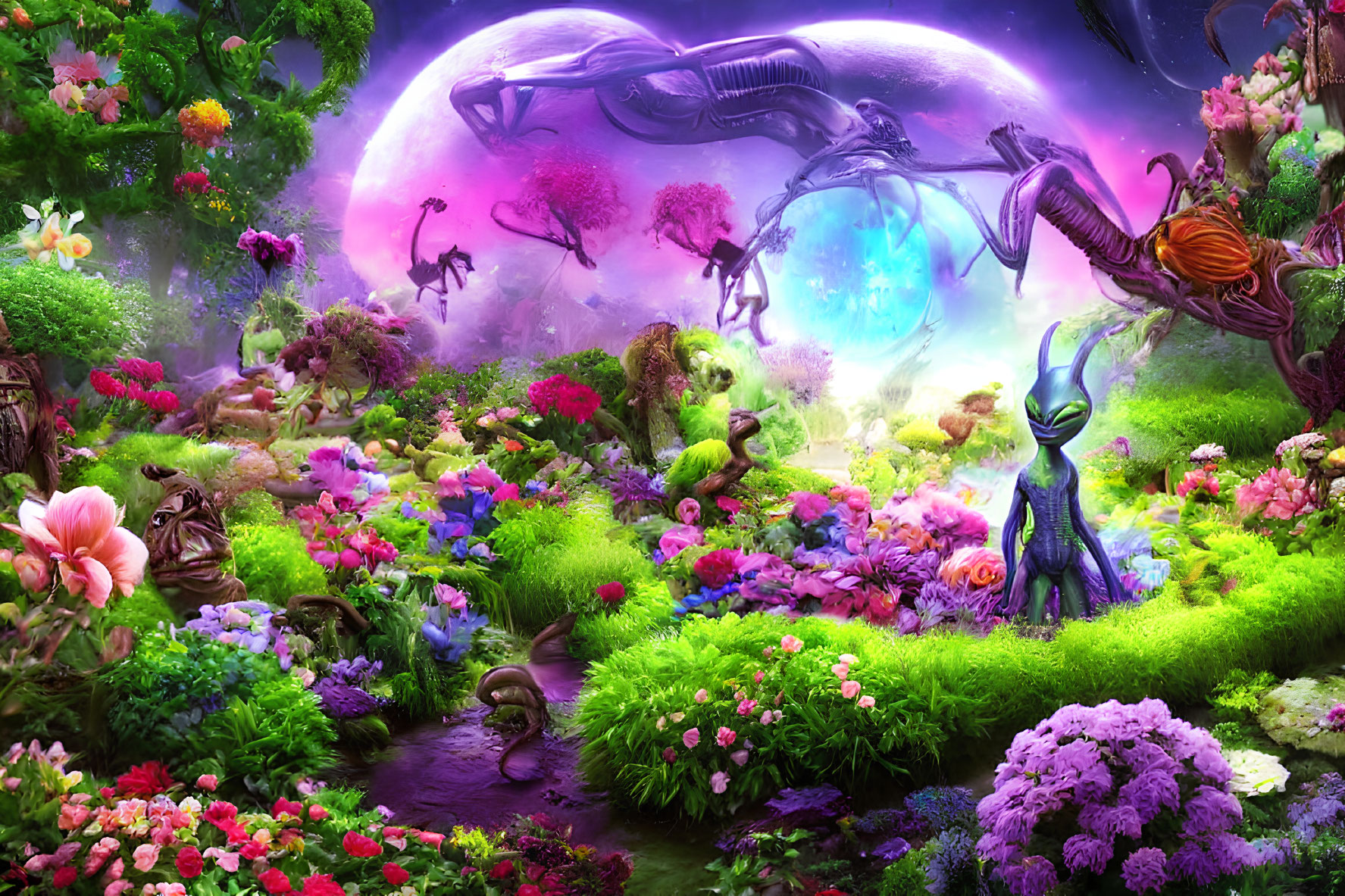 Fantasy garden with moon, creatures, and wildlife under starlit sky