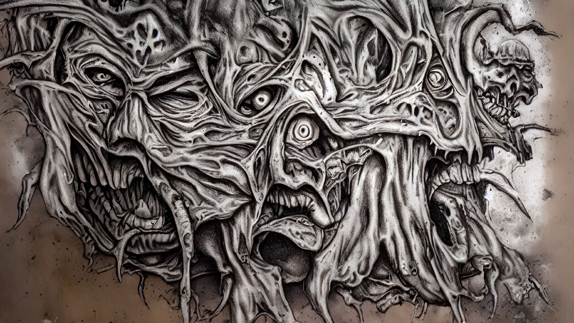 Monochromatic horror-themed illustration with tormented faces, skulls, and eerie eyes merged.