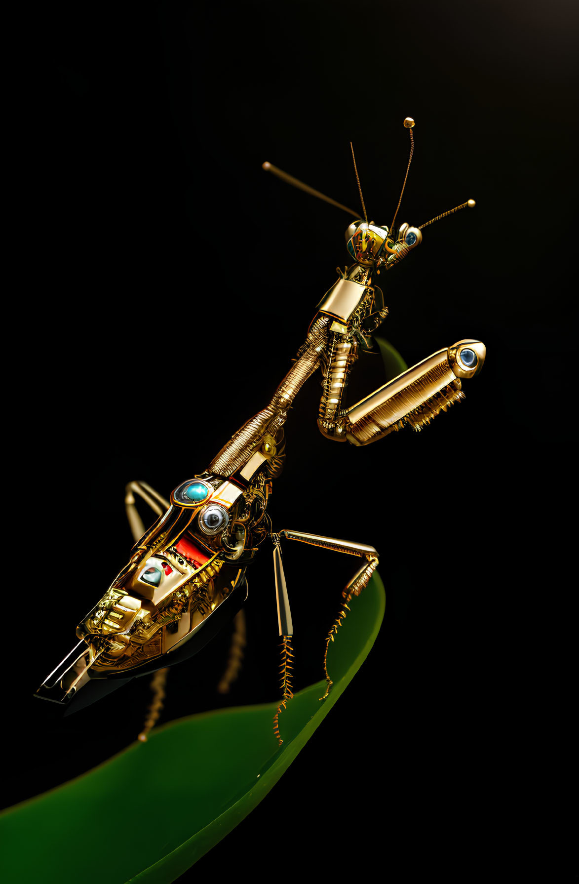 Metallic mechanical praying mantis on green leaf against black background