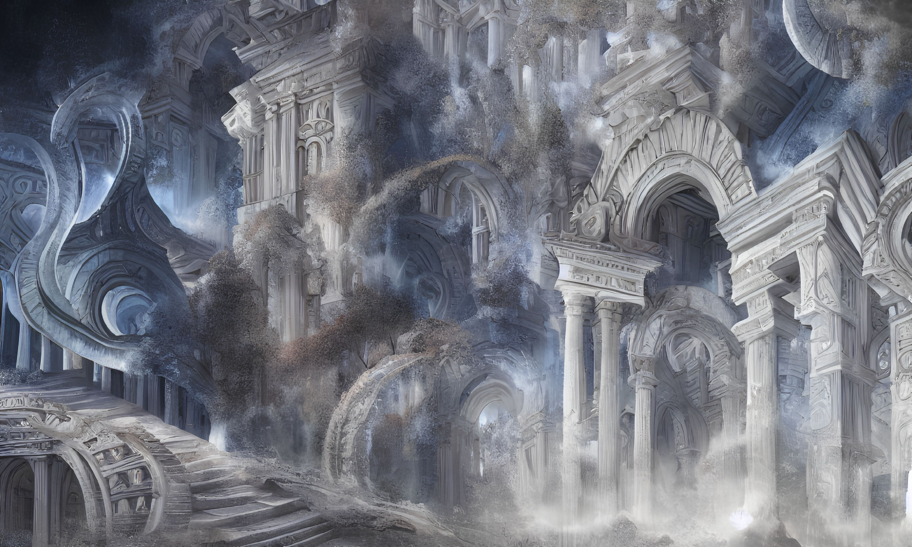 Detailed blue-toned illustration of ancient architecture with grand arches and swirling patterns in mist.
