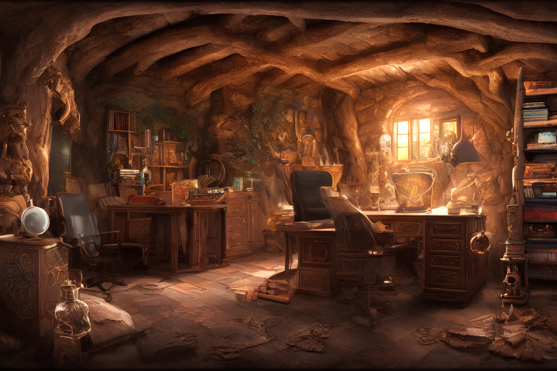 Warmly lit underground study with desk, chair, bookshelves, and antiquities
